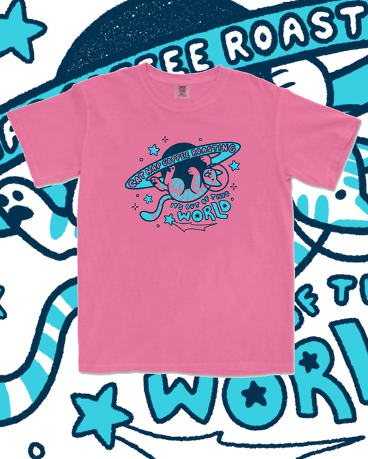Out of this World t-shirt - Blue on Pink